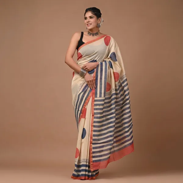 Beige_Printed_Chanderi_Silk_Saree_With_Matching_Blouse_With_Blue_Border_For_Women