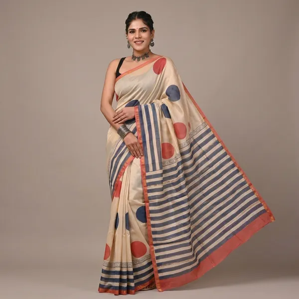 Beige_Printed_Chanderi_Silk_Saree_With_Matching_Blouse_With_Blue_Border_For_Women