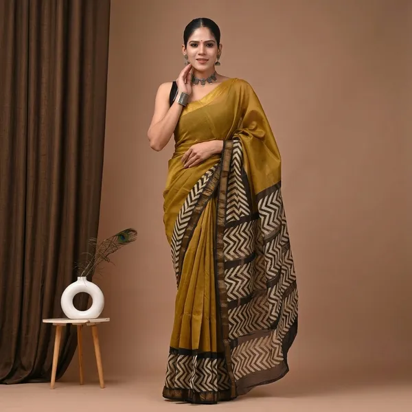 Mustard_Yellow_Maheshwari_Silk_Chevron_Border_Saree_With_Matching_Blouse_For_Women