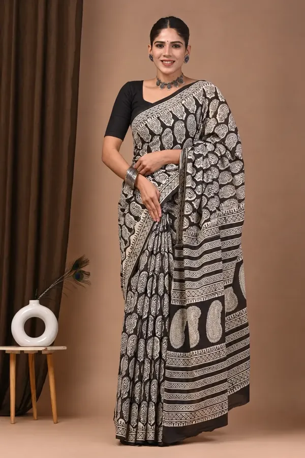Black_Pure_Cotton_Hand_Block_Print_Saree_With_Matching_Blouse_For_Women