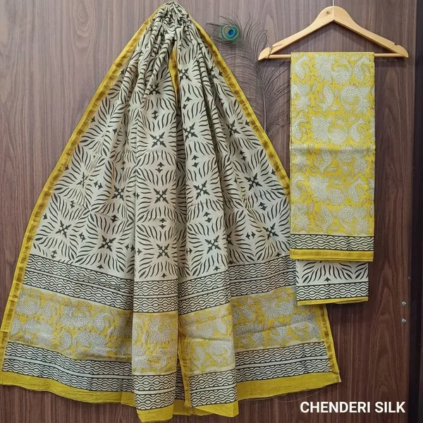 Yellow_And_White_Chanderi_Silk_Unstitched_Suit_Set_For_Women_(Bagru_Print)