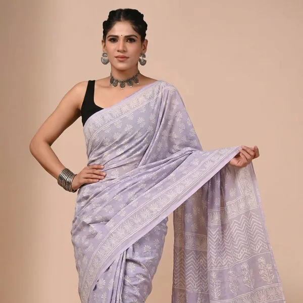 Lavender_Pure_Cotton_Printed_Saree_With_Matching_Blouse_For_Women
