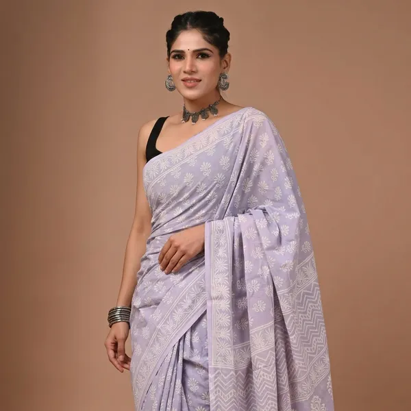 Lavender_Pure_Cotton_Printed_Saree_With_Matching_Blouse_For_Women