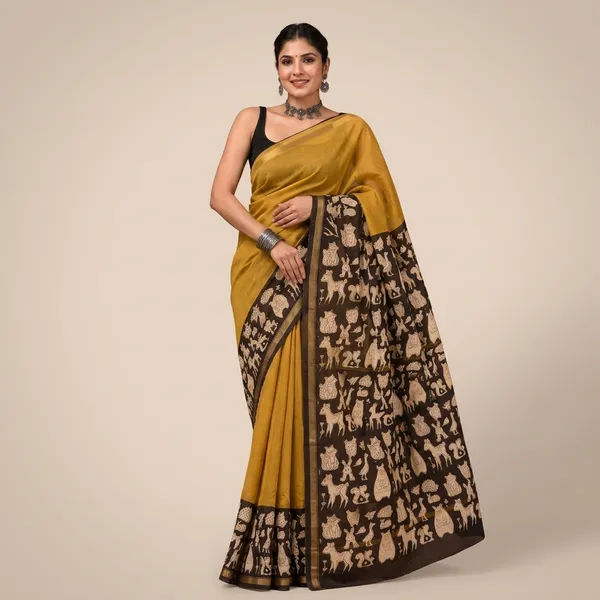 Mustard_Yellow_Chanderi_Silk_Kalamkari_Border_Saree_With_Matching_Blouse_For_Women