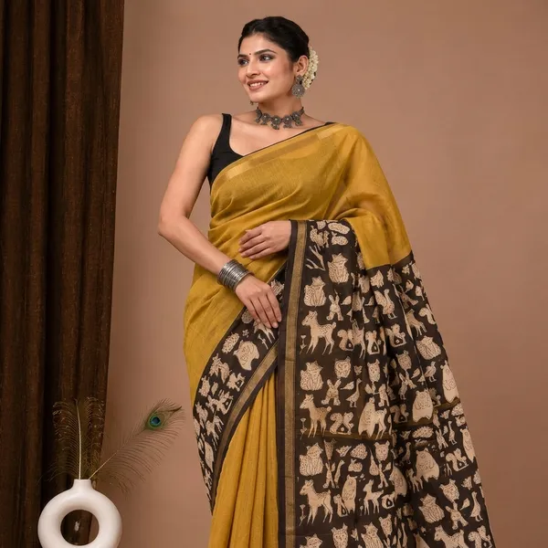 Mustard_Yellow_Chanderi_Silk_Kalamkari_Border_Saree_With_Matching_Blouse_For_Women
