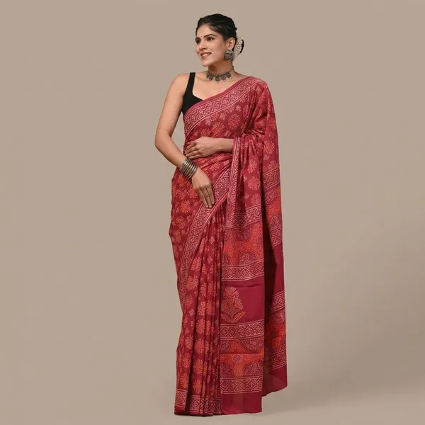Red_Printed_Pure_Cotton_Saree_With_Matching_Blouse_For_Women