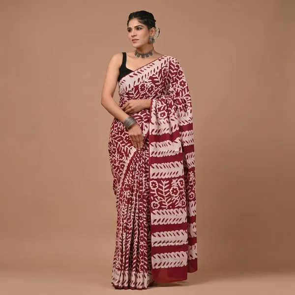 Maroon_Handloom_Floral_Print_Pure_Cotton_Saree_With_Matching_Blouse_For_Women