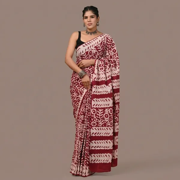 Maroon_Handloom_Floral_Print_Pure_Cotton_Saree_With_Matching_Blouse_For_Women