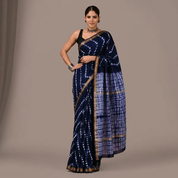 Navy_Blue_Tie_Dye_Maheshwari_Silk_Saree_With_Matching_Blouse_With_Golden_Border
