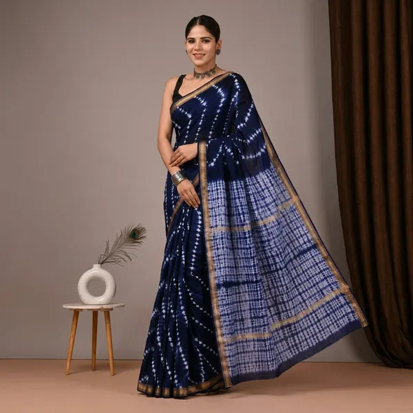 Navy_Blue_Tie_Dye_Maheshwari_Silk_Saree_With_Matching_Blouse_With_Golden_Border