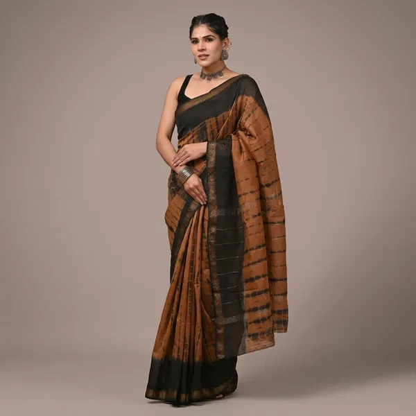 Brown_Handloom_Maheshwari_Silk_Saree_With_Matching_Blouse_With_Black_Border