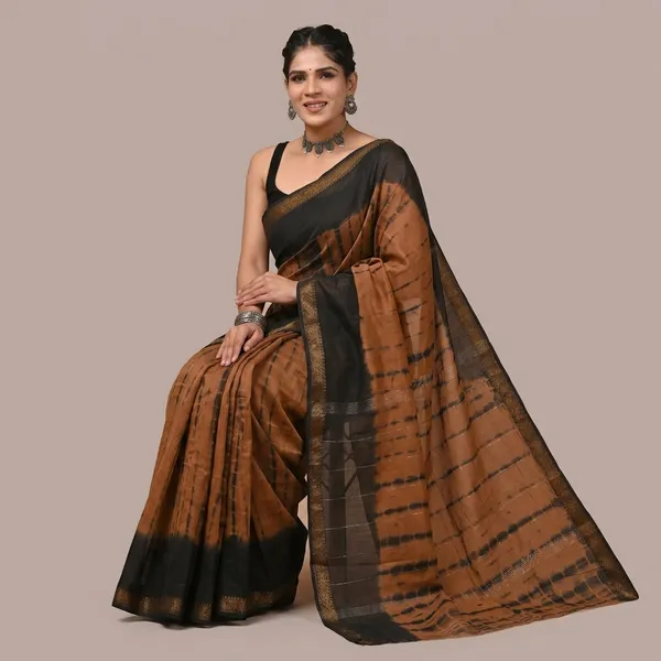 Brown_Handloom_Maheshwari_Silk_Saree_With_Matching_Blouse_With_Black_Border