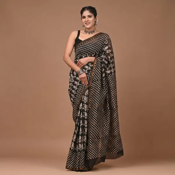 Black_Print_Chanderi_Silk_Saree_With_Matching_Blouse_For_Women