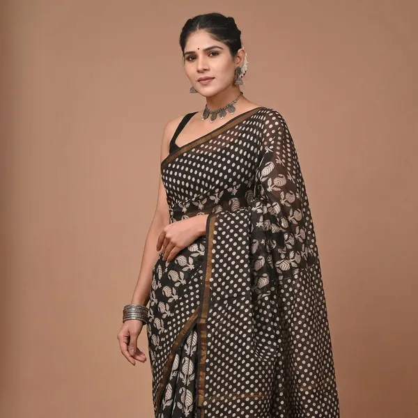 Black_Print_Chanderi_Silk_Saree_With_Matching_Blouse_For_Women