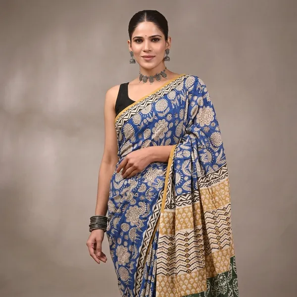 Blue_Printed_Pure_Cotton_Saree_With_Matching_Blouse_For_Women