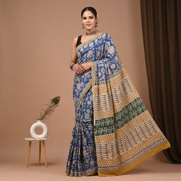 Blue_Printed_Pure_Cotton_Saree_With_Matching_Blouse_For_Women
