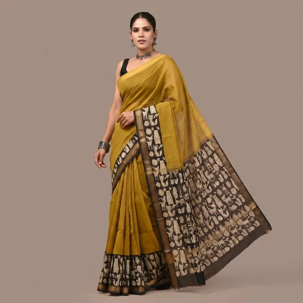 Mustard_Yellow_Maheshwari_Silk_Blend_Saree_With_Matching_Blouse_With_Contrast_Border_For_Women