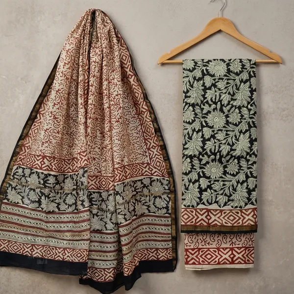 Beige_Chanderi_Silk_Unstitched_Suit_Set_For_Women_(Bagru_Print)