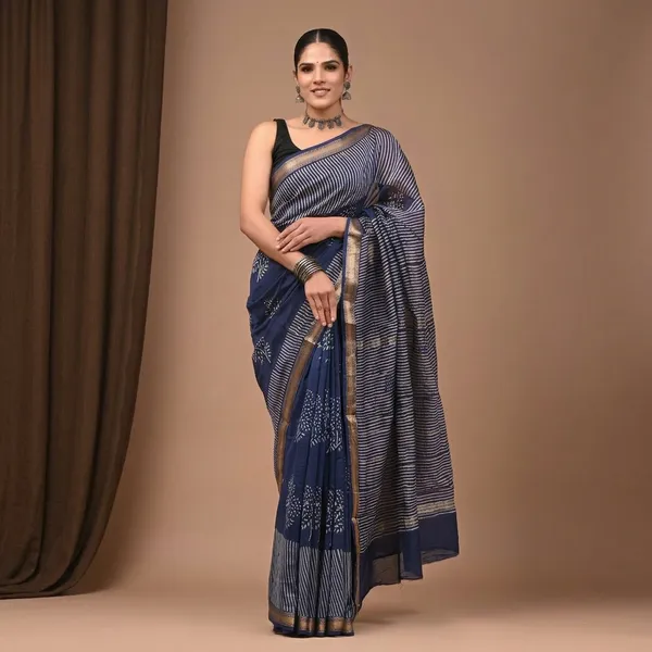 Navy_Blue_Handblock_Print_Maheshwari_Silk_Saree_With_Matching_Blouse_With_Striped_Pattern