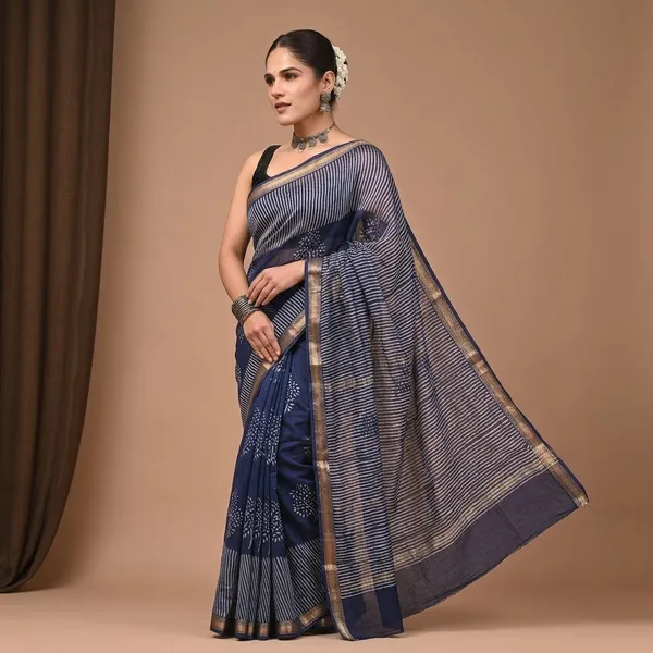 Navy_Blue_Handblock_Print_Maheshwari_Silk_Saree_With_Matching_Blouse_With_Striped_Pattern