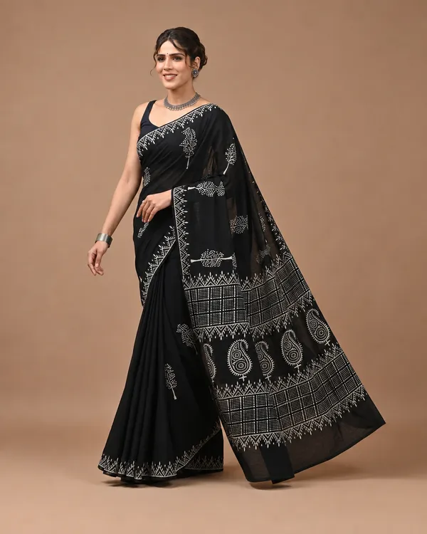 Black_Batik_Print_Pure_Cotton_Saree_With_Matching_Blouse_For_Women