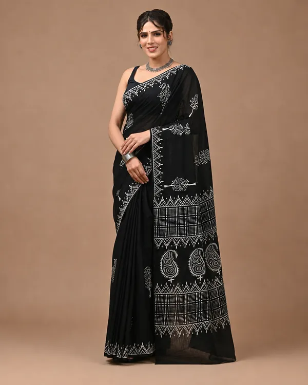 Black_Batik_Print_Pure_Cotton_Saree_With_Matching_Blouse_For_Women