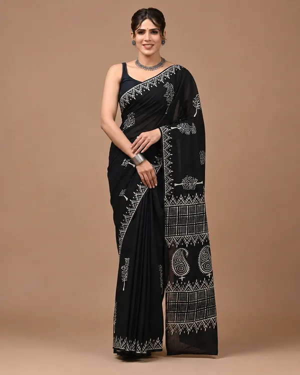 Black_Batik_Print_Pure_Cotton_Saree_With_Matching_Blouse_For_Women