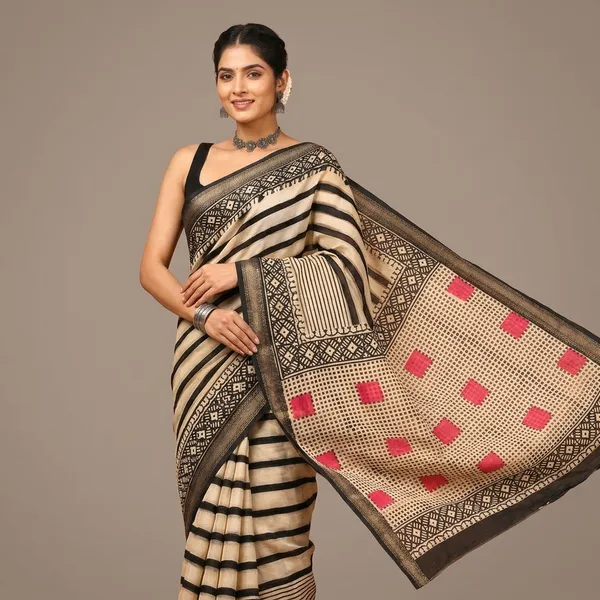 Cream_And_Black_Maheshwari_Silk_Striped_Saree_With_Matching_Blouse_For_Women