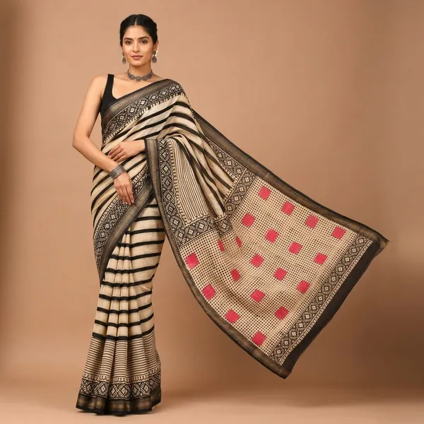 Cream_And_Black_Maheshwari_Silk_Striped_Saree_With_Matching_Blouse_For_Women