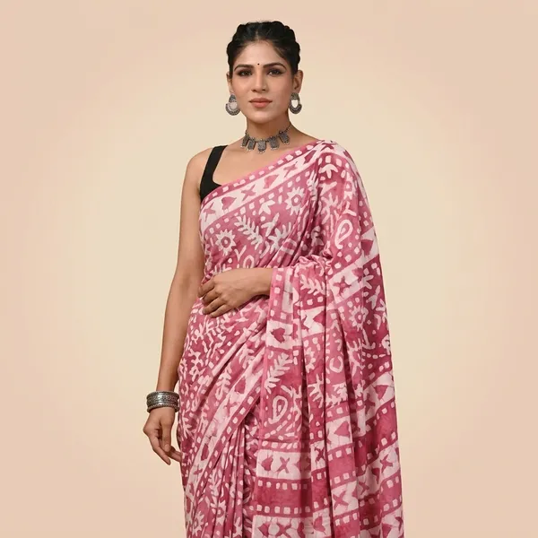 Pink_White_Ikat_Print_Handloom_Pure_Cotton_Saree_With_Matching_Blouse_For_Women