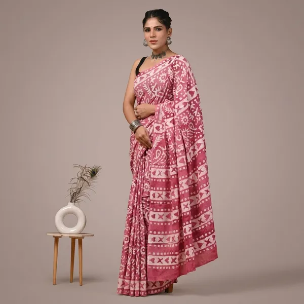 Pink_White_Ikat_Print_Handloom_Pure_Cotton_Saree_With_Matching_Blouse_For_Women