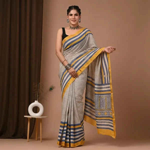 Beige_Brown_Striped_Maheshwari_Silk_Saree_With_Matching_Blouse_For_Women