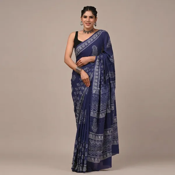 Navy_Blue_Hand_Block_Printed_Pure_Cotton_Saree_With_Matching_Blouse_For_Women