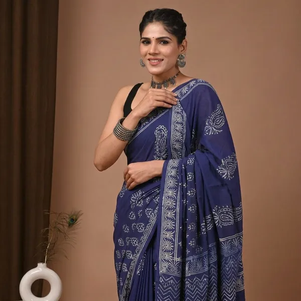 Navy_Blue_Hand_Block_Printed_Pure_Cotton_Saree_With_Matching_Blouse_For_Women