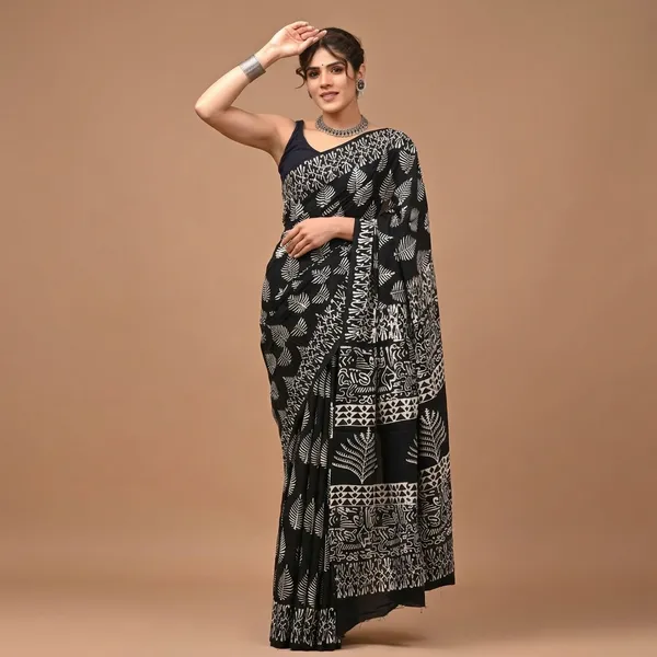Black_White_Hand_Block_Printed_Pure_Cotton_Saree_With_Matching_Blouse_For_Women
