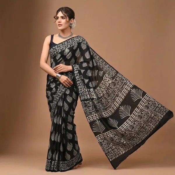 Black_White_Hand_Block_Printed_Pure_Cotton_Saree_With_Matching_Blouse_For_Women