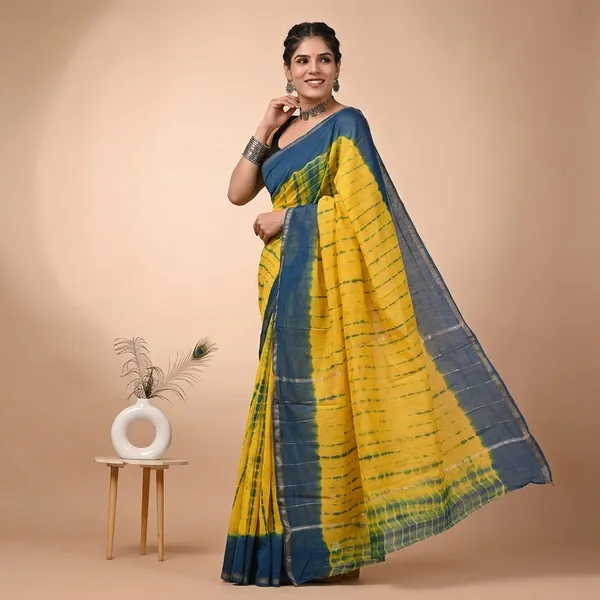 Yellow_Chanderi_Silk_Tie-Dye_Saree_With_Matching_Blouse_With_Blue_Border_For_Women