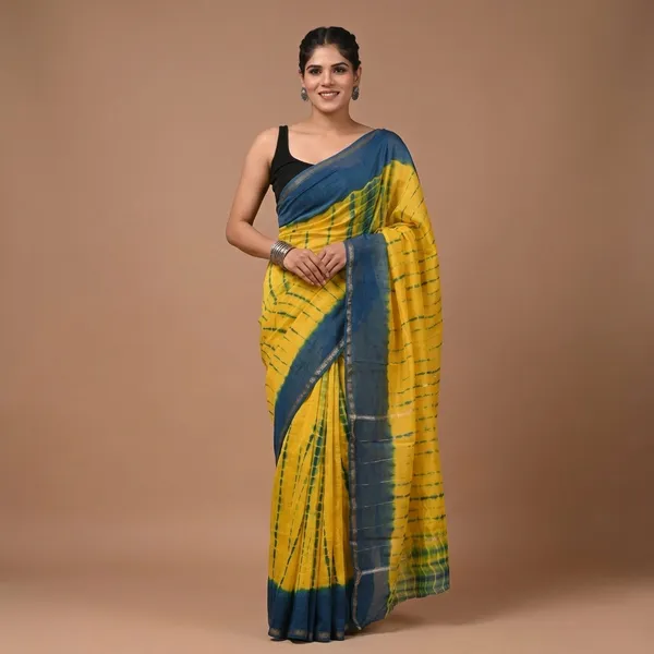 Yellow_Chanderi_Silk_Tie-Dye_Saree_With_Matching_Blouse_With_Blue_Border_For_Women