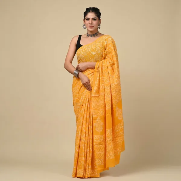 Yellow_Pure_Cotton_Floral_Print_Saree_With_Matching_Blouse_For_Women