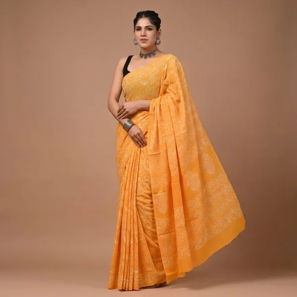 Yellow_Pure_Cotton_Floral_Print_Saree_With_Matching_Blouse_For_Women