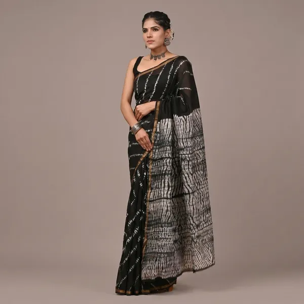 Black_Shibori_Print_Chanderi_Silk_Saree_With_Matching_Blouse_With_Contrast_Border