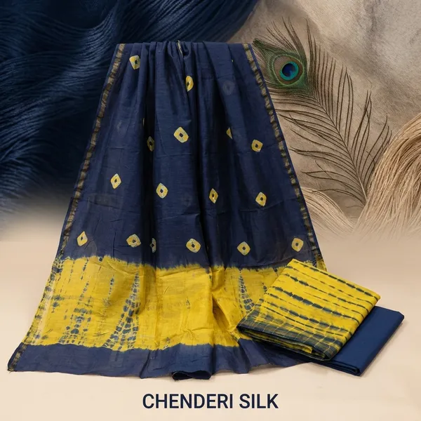 Navy_Blue_And_Yellow_Tie-Dye_Chanderi_Silk_Unstitched_Suit_Set_For_Women_(Bagru_Print)