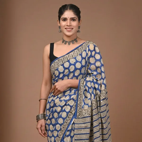 Blue_Pure_Cotton_Saree_With_Matching_Blouse_With_Golden_Buti_Work_For_Women