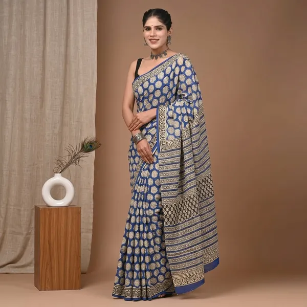 Blue_Pure_Cotton_Saree_With_Matching_Blouse_With_Golden_Buti_Work_For_Women