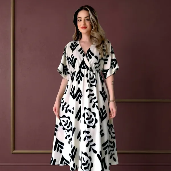 Hbkart_Women_Cinched_Waist_White,_Black_Midi/Calf_Length_Dress