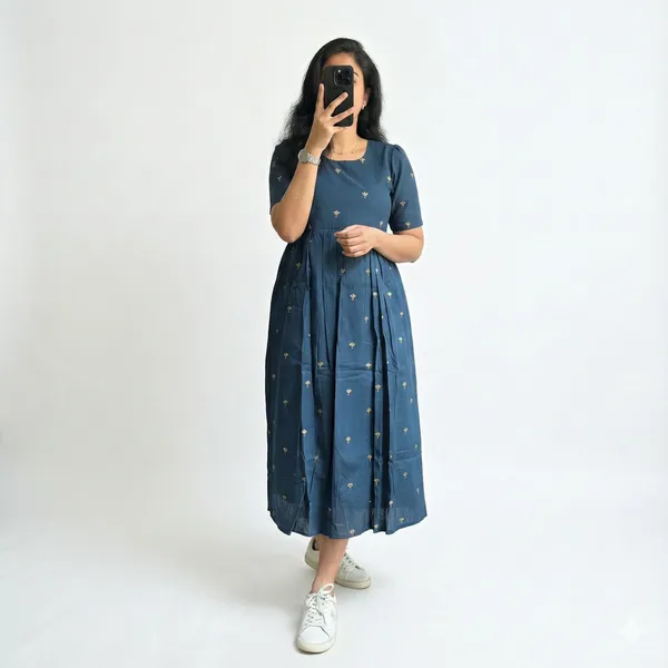 Hbkart_Women_Fit_And_Flare_Blue,_Yellow_Calf_Length_Dress