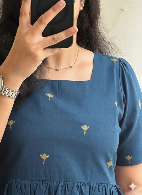 Hbkart_Women_Fit_And_Flare_Blue,_Yellow_Calf_Length_Dress