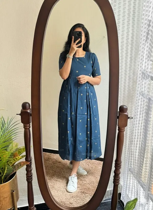 Hbkart_Women_Fit_And_Flare_Blue,_Yellow_Calf_Length_Dress