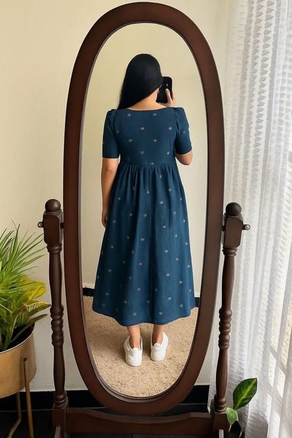 Hbkart_Women_Fit_And_Flare_Blue,_Yellow_Calf_Length_Dress