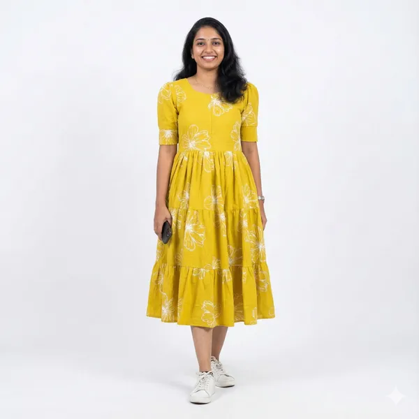 Hbkart_Women_Fit_And_Flare_Yellow,_White_Knee_Length_Dress